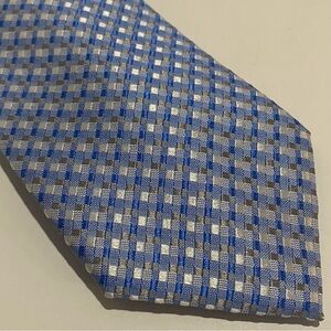 Michael Strathan Silver Blue Check Woven Tie Silk Blend Geometric NWT MSRP $42